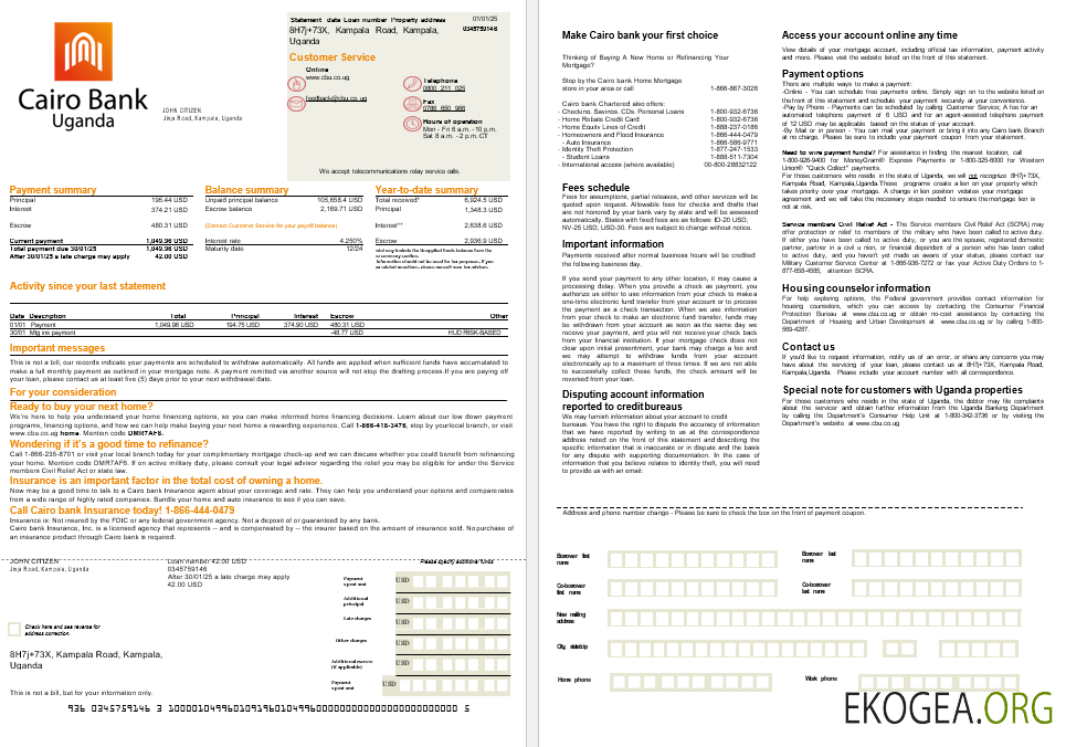 Relevé hypothécaire de la banque Ouganda Caire aux formats Word et PDF, 2 pages